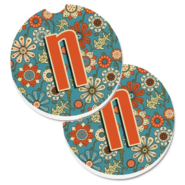 Carolines Treasures Letter N Flowers Retro Blue Set of 2 Cup Holder Car Coaster CJ2012-NCARC - main